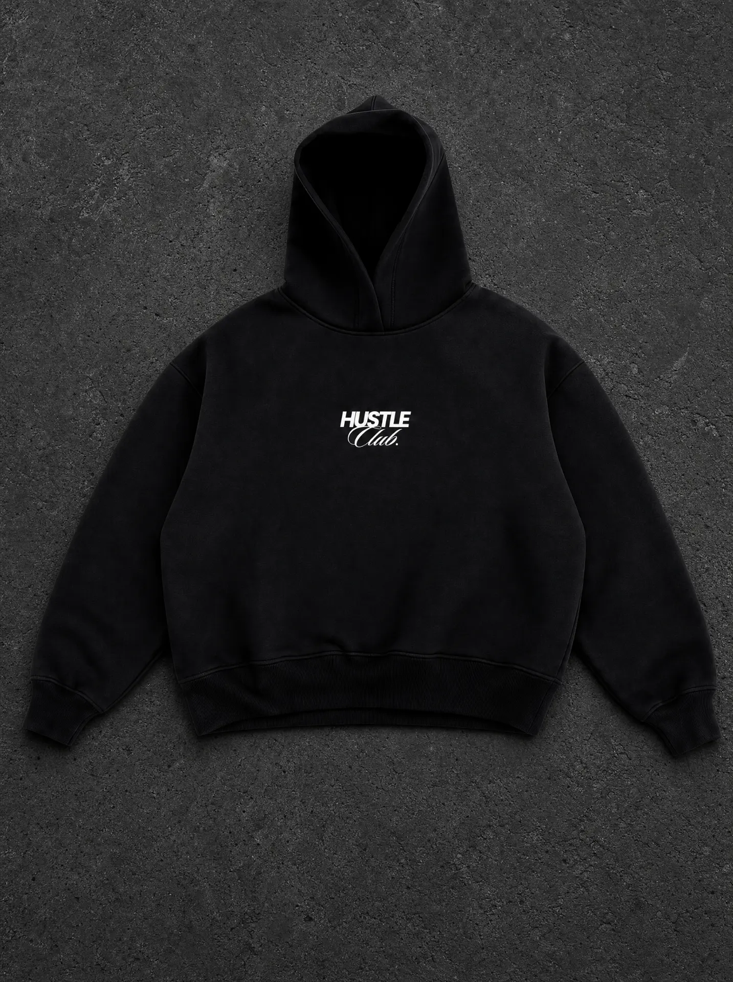 Sweat à capuche Hustle Club noir, vue de face avec logo poitrine
