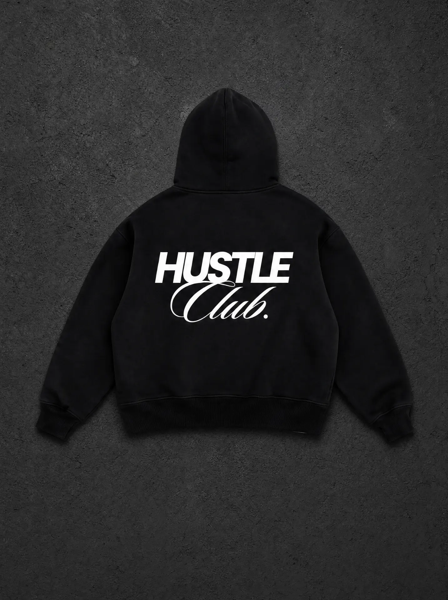 Sweat à capuche Hustle Club noir, vue de dos avec grand logo Hustle Club